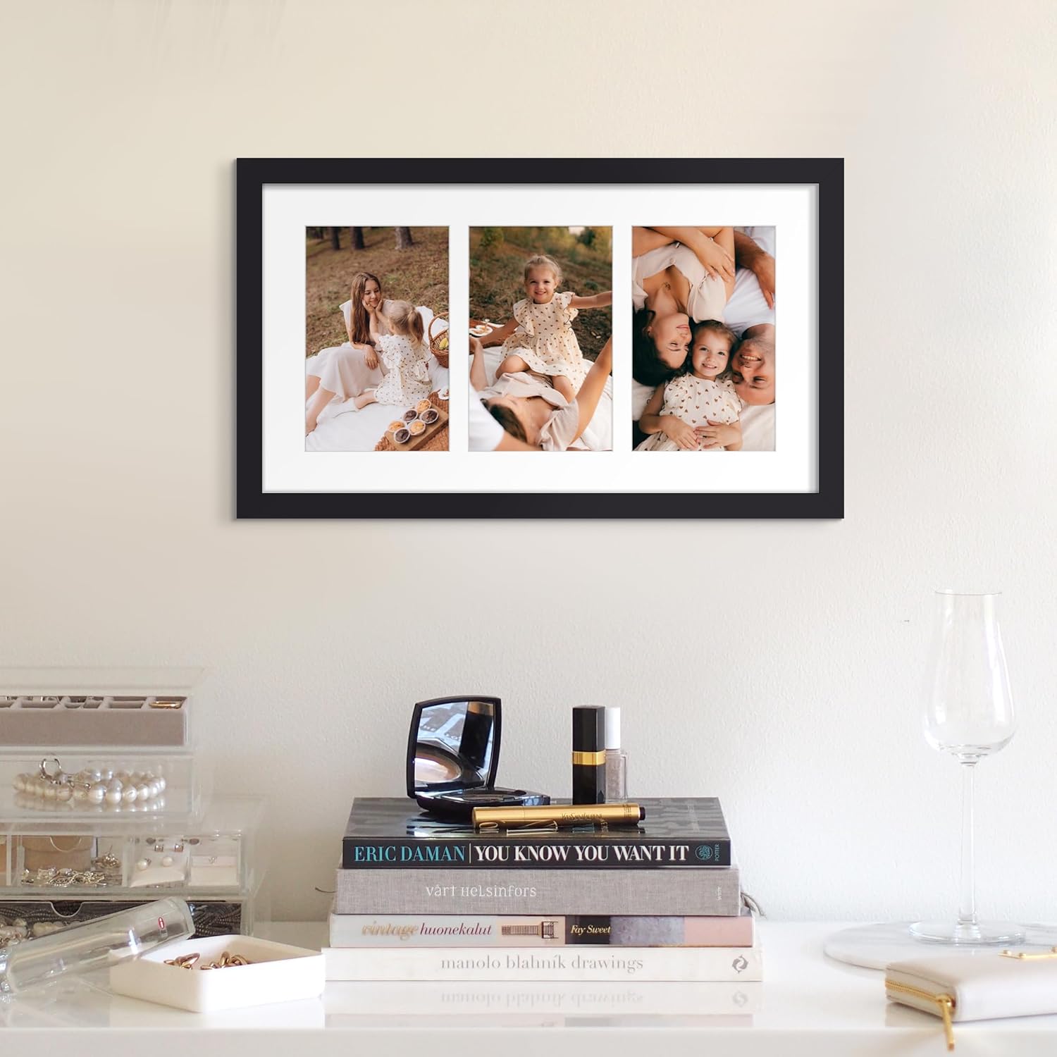 Upsimples 8x14 Collage Picture Frame - Display 3 Photos (4x6) with Mat or Without Mat, Black