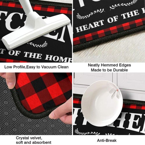 Haretu Framhouse Kitchen Rugs and Mats Set of 2, Black and Red Buffalo Plaid Non-Slip Floor Mat for Home Kitchen Christmas Decor - 17x29 and 17x47 Inch
