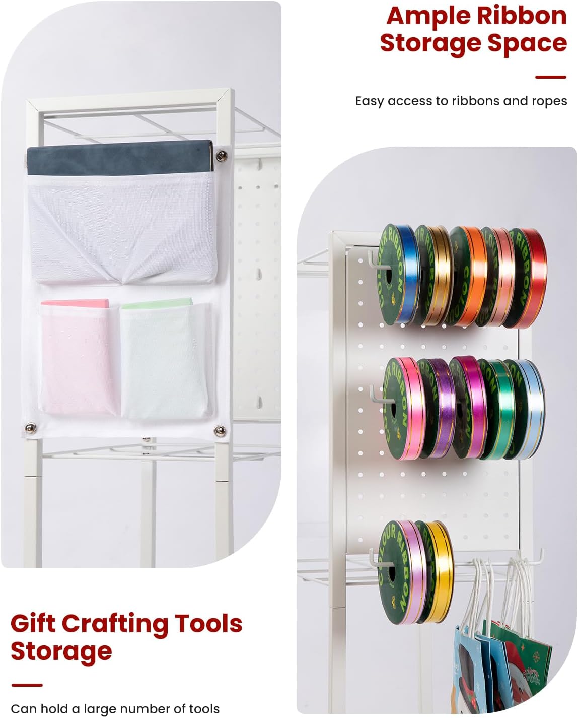 Wrapping Paper Cart - Gift Wrap Organizer with Rolling Storage Stand & Ribbon Holders | 12 PCS Slap Bracelets Included