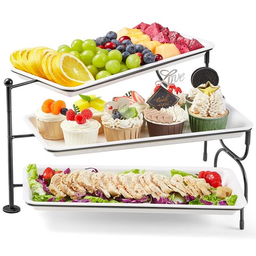 Lifewit 3 Tier Serving Tray, 36 x 17 cm/14 x 6.5 White Plastic Tiered Food Serving Platters, Rotating Tiered Tray Stand for Party with Black Collapsible Metal Stand, Dessert Table Stands for Cookies