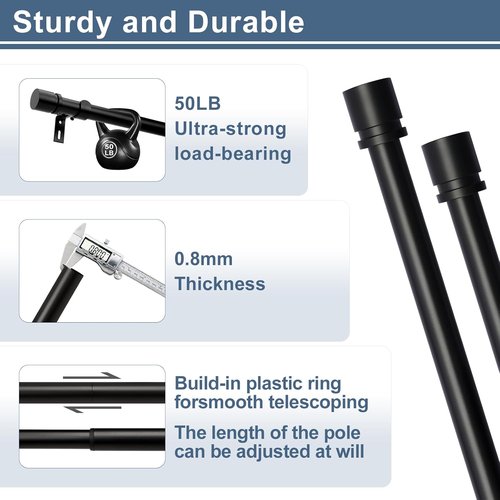 Byondeth Heavy Duty Curtain Rod - Adjustable 28 to 144 Inches | 1 Inch Diameter, Black Finish for Windows