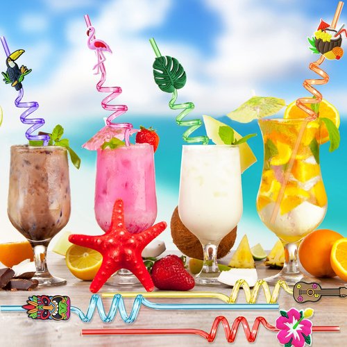 Hawaiian Luau Party Favor Drinking Straws (24 Pcs) Summer Beach Pool Birthday Party Supplies Reusable Plastic Drink Straw for Tropical Luau Party (2 Pcs Cleaning Brushes inside)