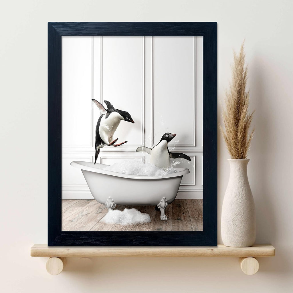 Skiennix Kids Bathroom Wall Decor - Cute Penguin Canvas Print | Funny Black and White Art