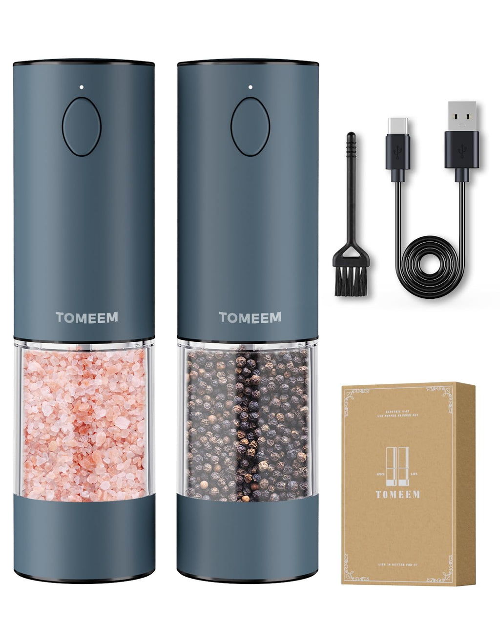 TOMEEM Upgraded Larger Capacity Electric Salt and Pepper Grinder Set Rechargeable with LED lights, Stainless Steel Automatic Pepper and Salt Grinder Refillable with 5 Adjustable Coarseness Blue