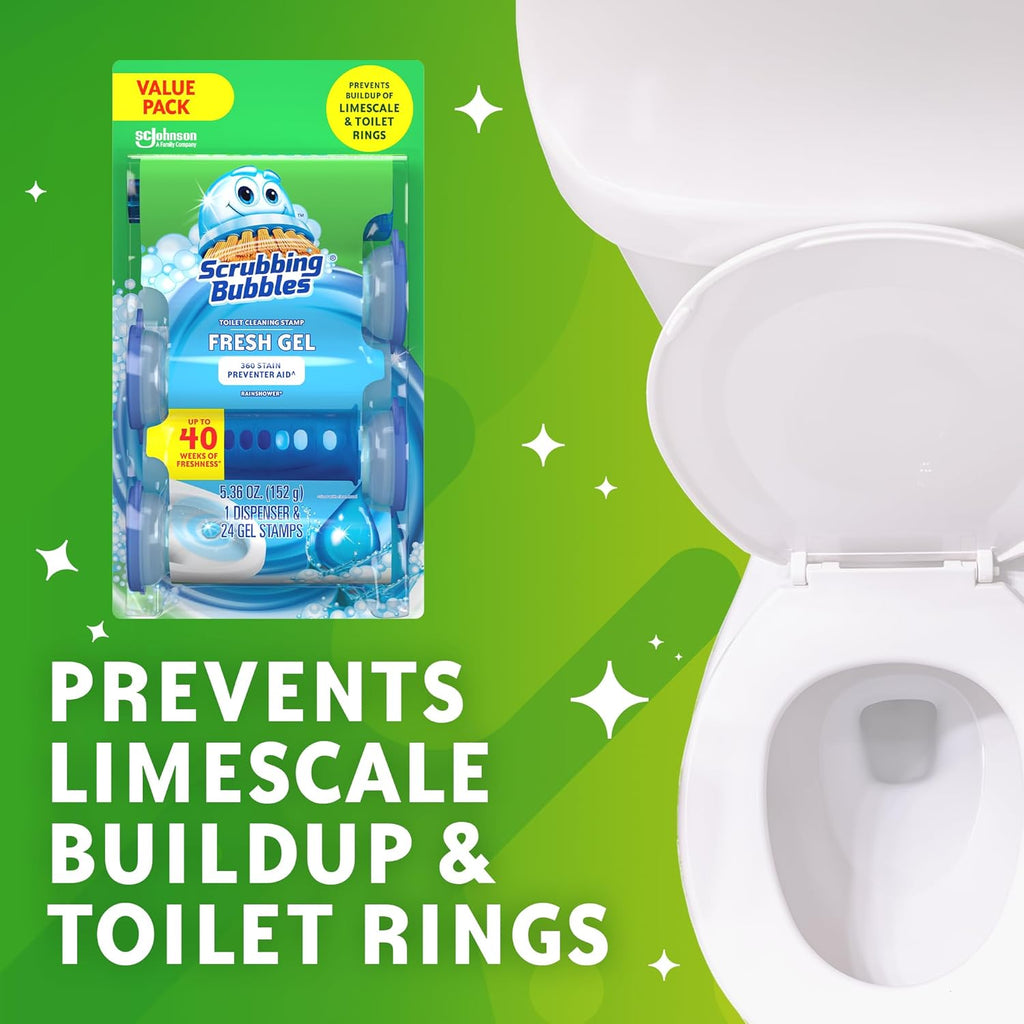 Scrubbing Bubbles Fresh Gel Toilet Bowl Cleaning Stamps - Prevent Limescale & Rings | Rainshower Scent, 24 Stamps