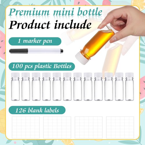 FoldTier 100 Pcs Plastic Juice Shot Bottles with Caps Small Clear Ginger Shots Bottles for Liquids Juice Jars Leakproof Containers with White Lids Marker Pen Labels for Essential Oil Milk Water (2 oz)