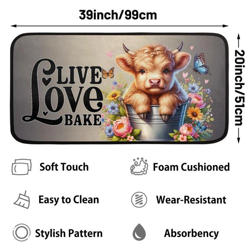 Highland Cow Flower Kitchen Rug Washable Entryway Rugs Non Slip Anti Fatigue Mats Kids Room Floor Mat Laundry Room Runner Rug for Kitchen Sink Bathroom Hallway Entryway Carpet 39X20 in