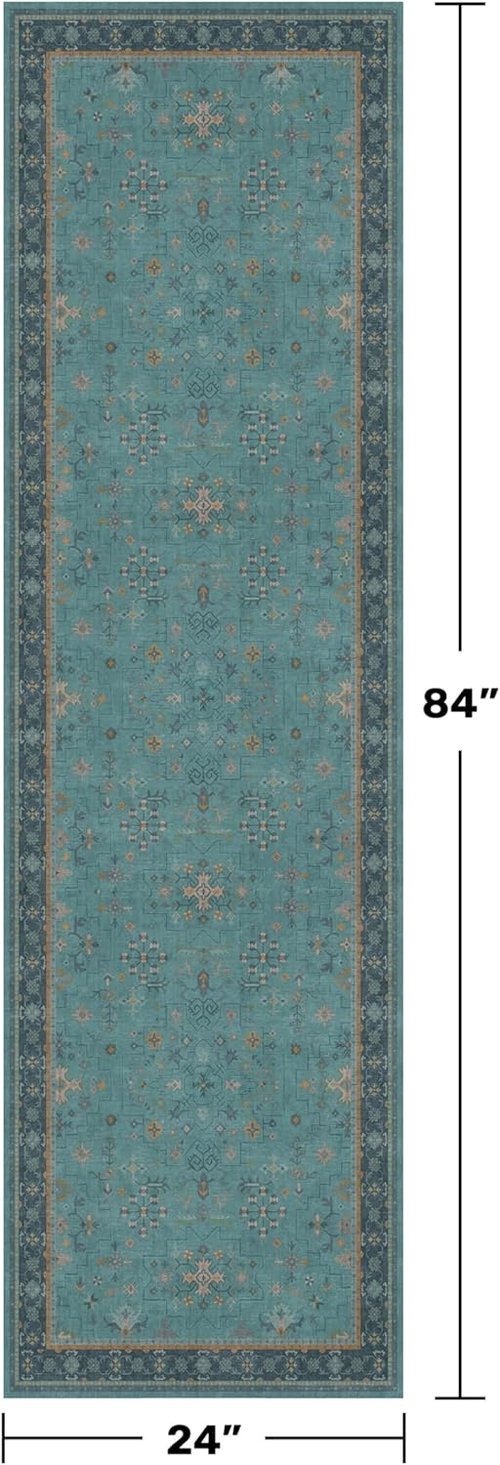 Hazo Haus Boho Kitchen Rug Runner - 2x7 Teal Washable Non-Slip Vintage Floral Indoor Mat