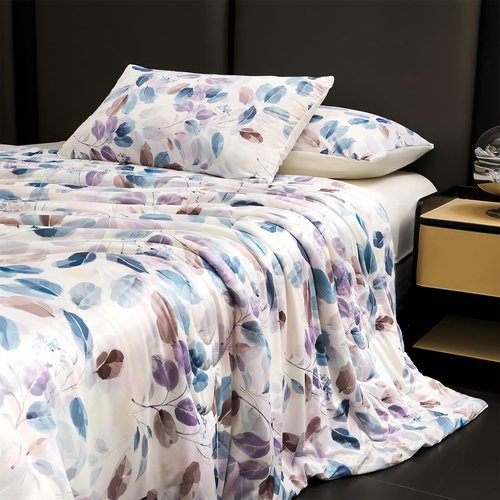 Cyusri Print Cooling Comforter Set 2Pcs Breathable Cool Twin Size Bedding Set with 1 Pillowcase Leaf Pattern Silky Cold Quilt, Blue 68"x90"