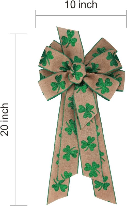 Meseey St. Patrick's Day Wreath Bow - 24" Green Clover Burlap Shamrock for Door & Tree Decor