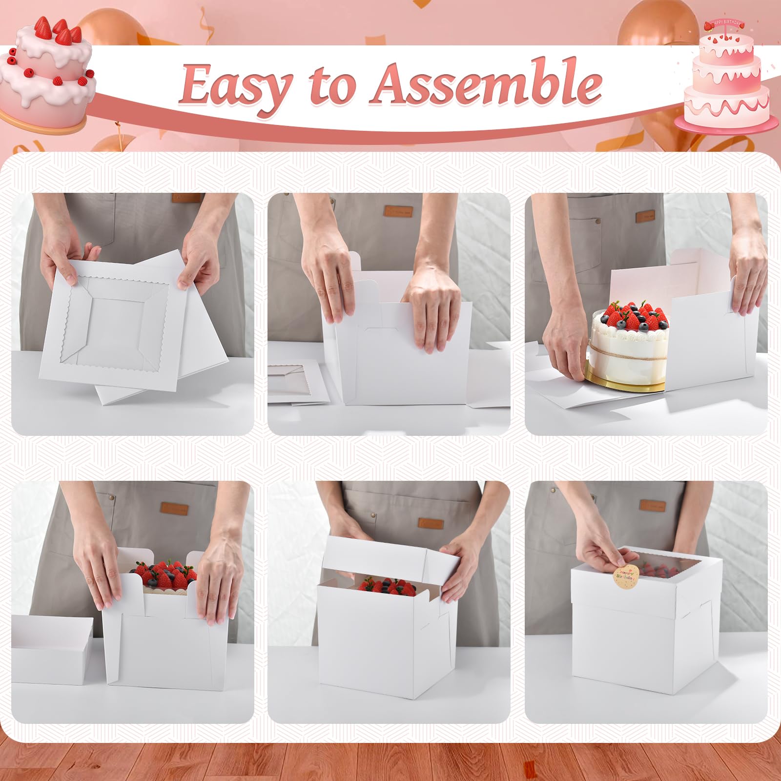 DOYIDE 12Pcs 6x6x6 Inches Mini Cake Boxes, White Square Bakery Boxes with Window, Small Cake Containers for Pastries, Cookies, Chocolates, Cupcakes, Birthday Party Cajas Pasteles