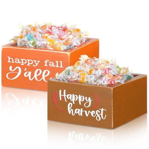 Colingmill 2 Pcs Thanksgiving Candy Dish Mini Wooden Thanksgiving Candy Bowl Thankful Blessed Harvest Orange Candle Holder Farmhouse Bowls Party Supplies for Housewarming Gift(Orange,Gold,Fall)