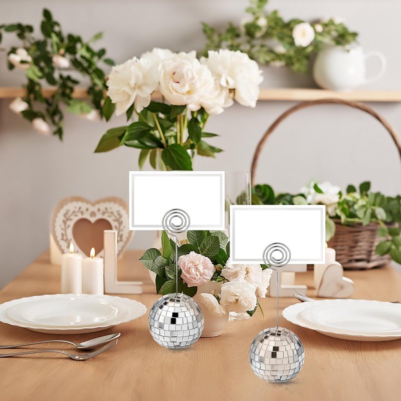 Uiifan 60 Pcs 2 Inch Disco Ball Card Holder Picture Photo Table Number Name Card Silver Place Holders Stands Disco Ball Stands with Swirl Wire for Display Menu Wedding Party Birthday