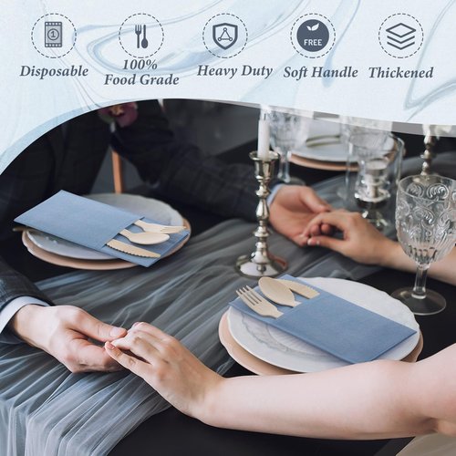 Gueevin 200 Pcs Wooden Cutlery Set Disposable Wood Utensil for 50 Guest Fork Spoon Knives Linen Napkin Disposable Cutlery for Wedding Party Supplies Event and Takeout(Dusty Blue)