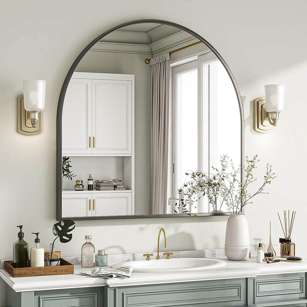 VooBang Wide Arched Wall Mirror - 31 x 32 Inch Modern Bathroom Mirror with Metal Frame | Black Finish