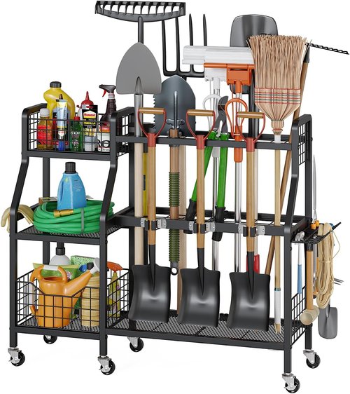 Keomaisyto Garden Tool Organizer - Heavy Duty Metal Storage with 6 Wheels & 2 Baskets | Ideal for Garage, Shed, Yard