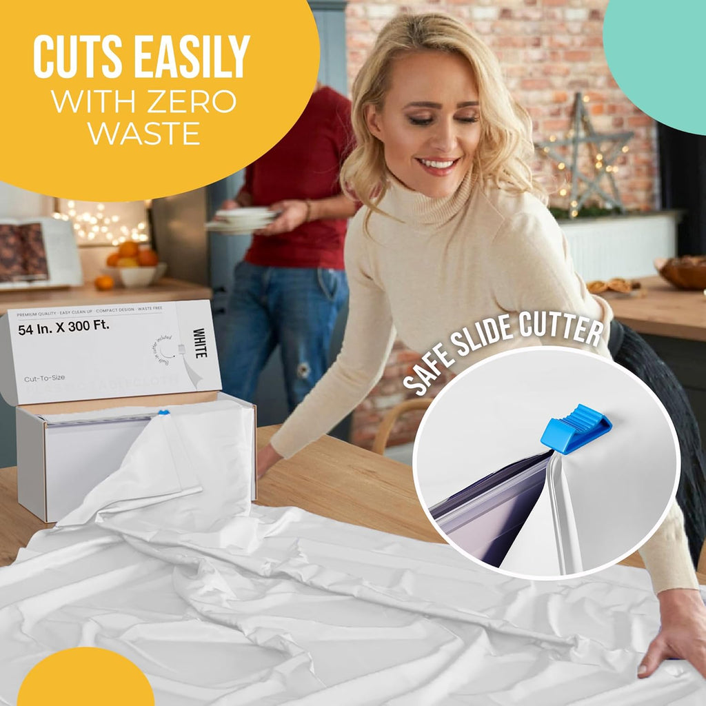 Party Solids | 54-Inch x 300 Feet White Plastic Table Cover Roll - Convenient Cut-to-Size Box with Slide Cutter