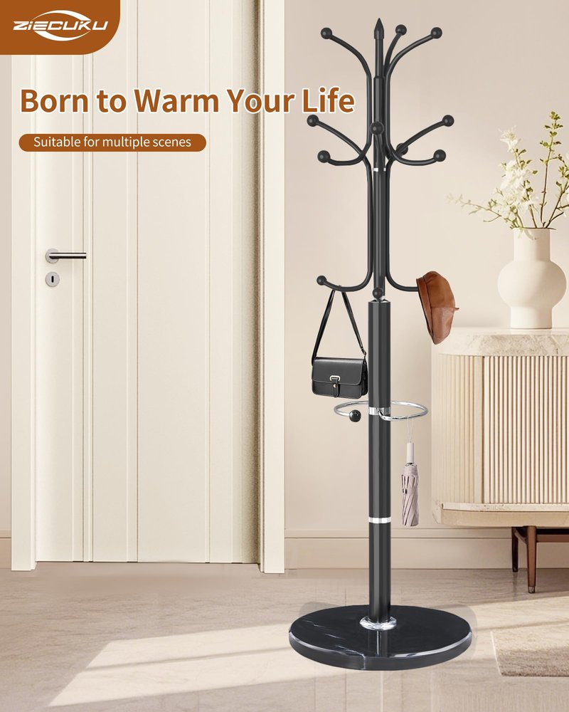 ZIECUKU Metal Coat Rack with Natural Marble Base, Coat Rack Stand with 12 Hooks & Umbrella Holder, Black Modern Freestanging Coat Racks, Coat Jacket Hanger Tree Stand for Corner Entryway Office