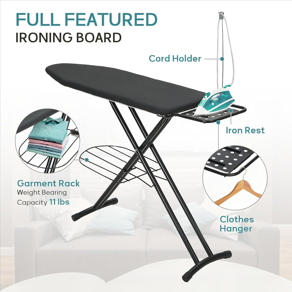RAINHOL Large Heavy Duty Ironing Board - Adjustable Height with Storage Tray & Cover | 48x15 in, Black