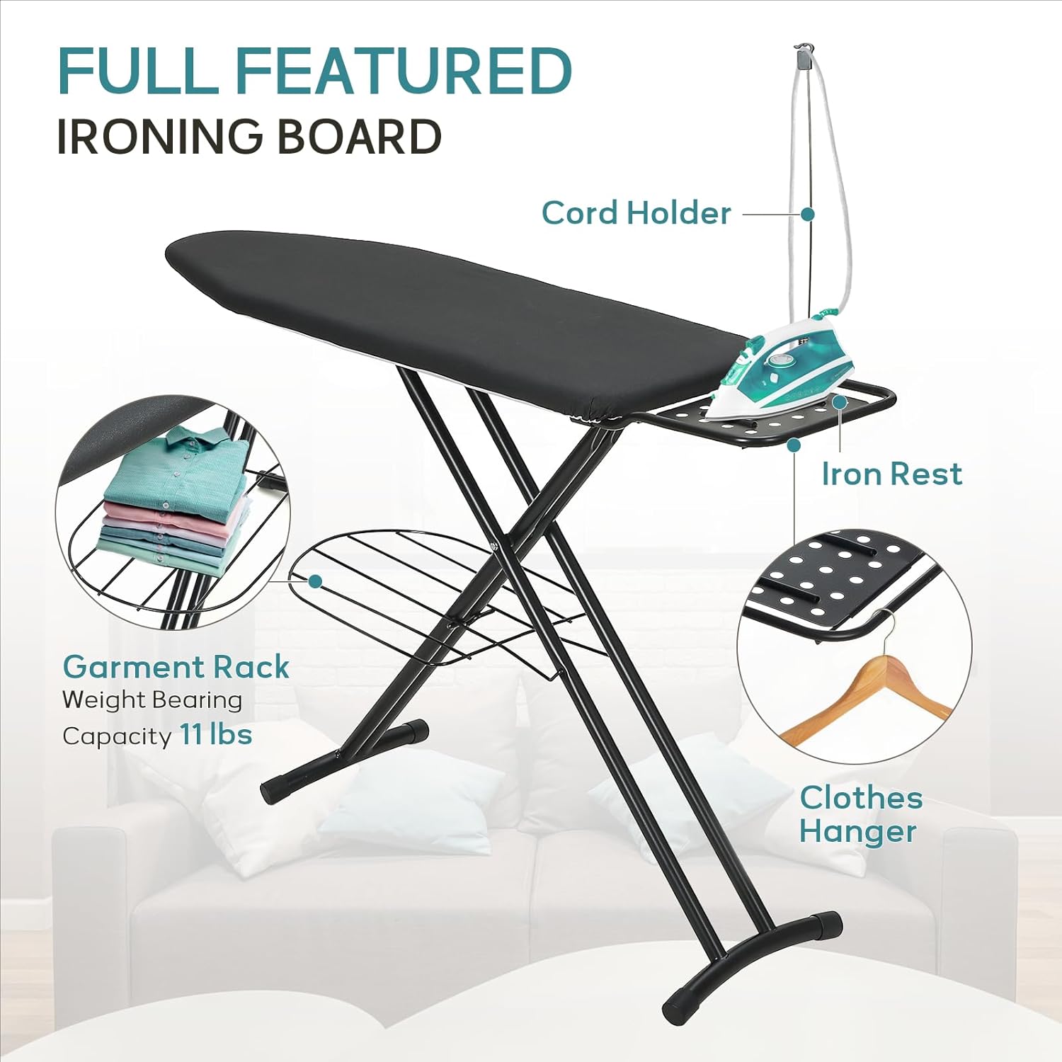 RAINHOL Large Heavy Duty Ironing Board - Adjustable Height with Storage Tray & Cover | 48x15 in, Black