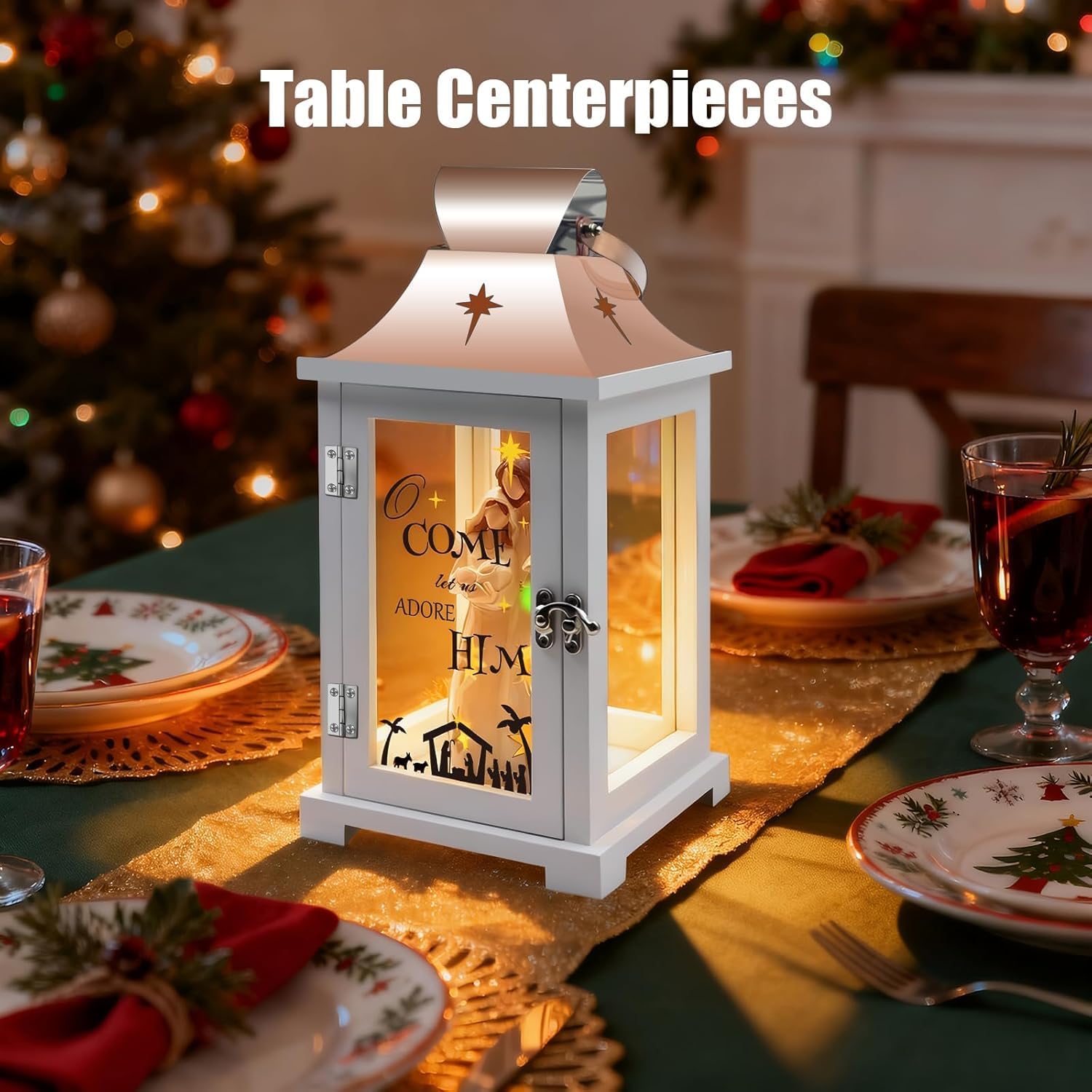 Regine Switzerland Christmas Nativity Set - 15.1" Tall Lantern for Table Centerpieces | Indoor Xmas Decor