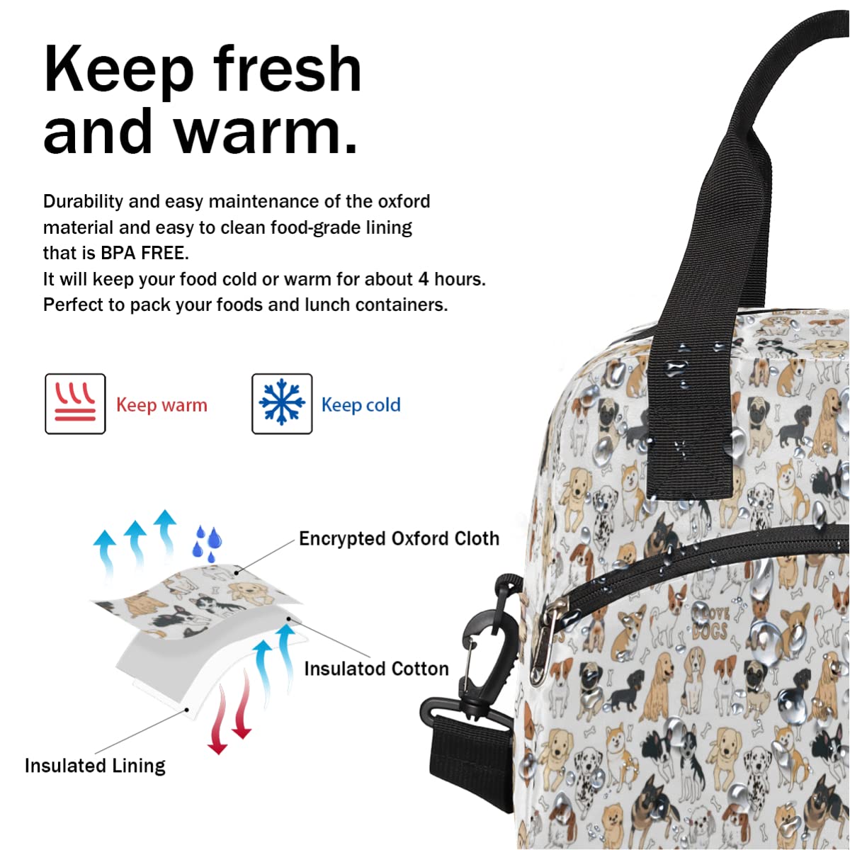 Animal Dog Insulated Lunch Bag for Women Men Adult Kids Reusable Freezable Lunch Tote Bag Organizer Cute Doodle Gog Cooler Lunch Box with Adjustable Shoulder Strap for Outdoor Work School and Picnic