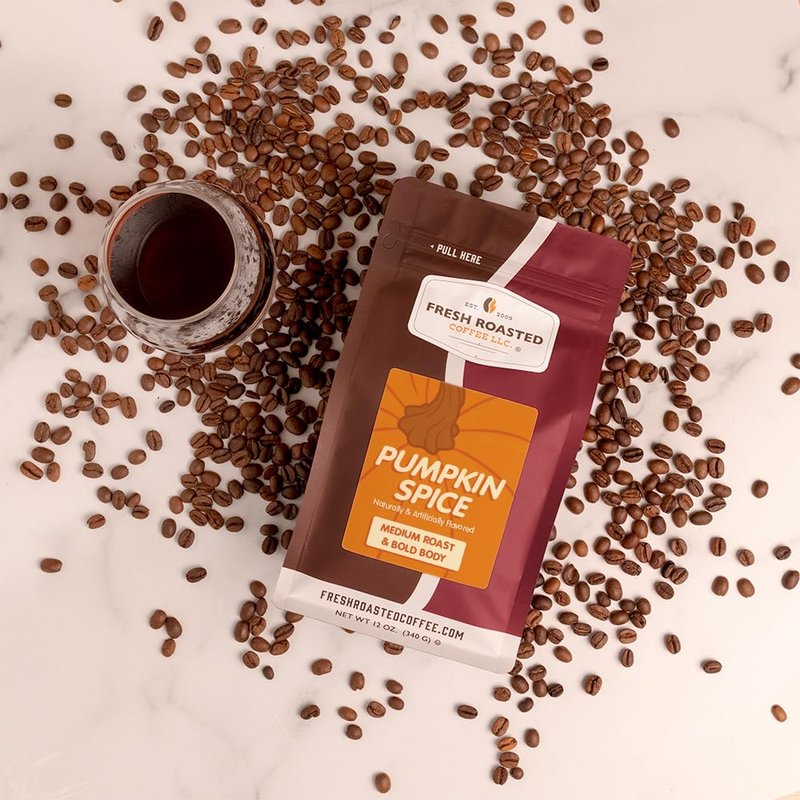 Fresh Roasted Coffee, Pumpkin Spice Flavored Drip Ground Coffee, Medium Roast, Kosher, 12 oz