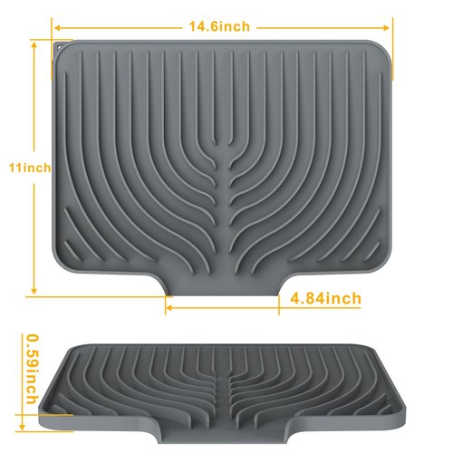Silicone Drying Mat for Kitchen Counter , Dish Drying Rack Matt with Built in Drain, Small Dry Mats for Dishes Drying Pad for Kitchen Counter (14.6×11inch, gray)