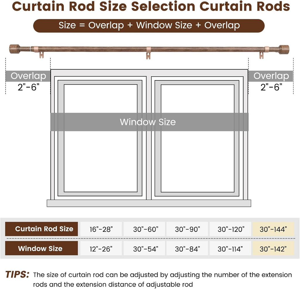 Skiennix 1” Diameter Adjustable Curtain Rods - Heavy Duty Matte Wood Grain | 30 to 144 Inch, 2 Pack