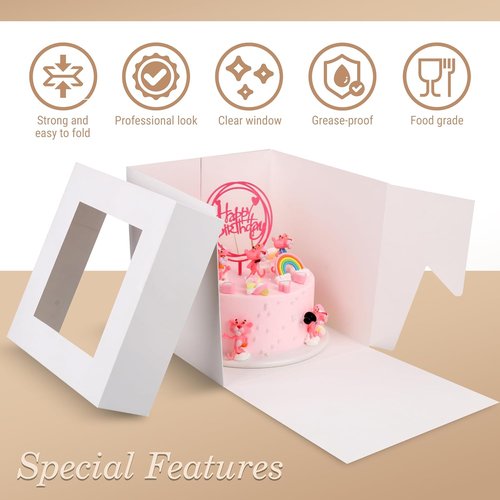 Cakebon Cake Boxes - 8x8x8 Inch 24-Pack | Windowed Design for Birthdays, Weddings & Parties