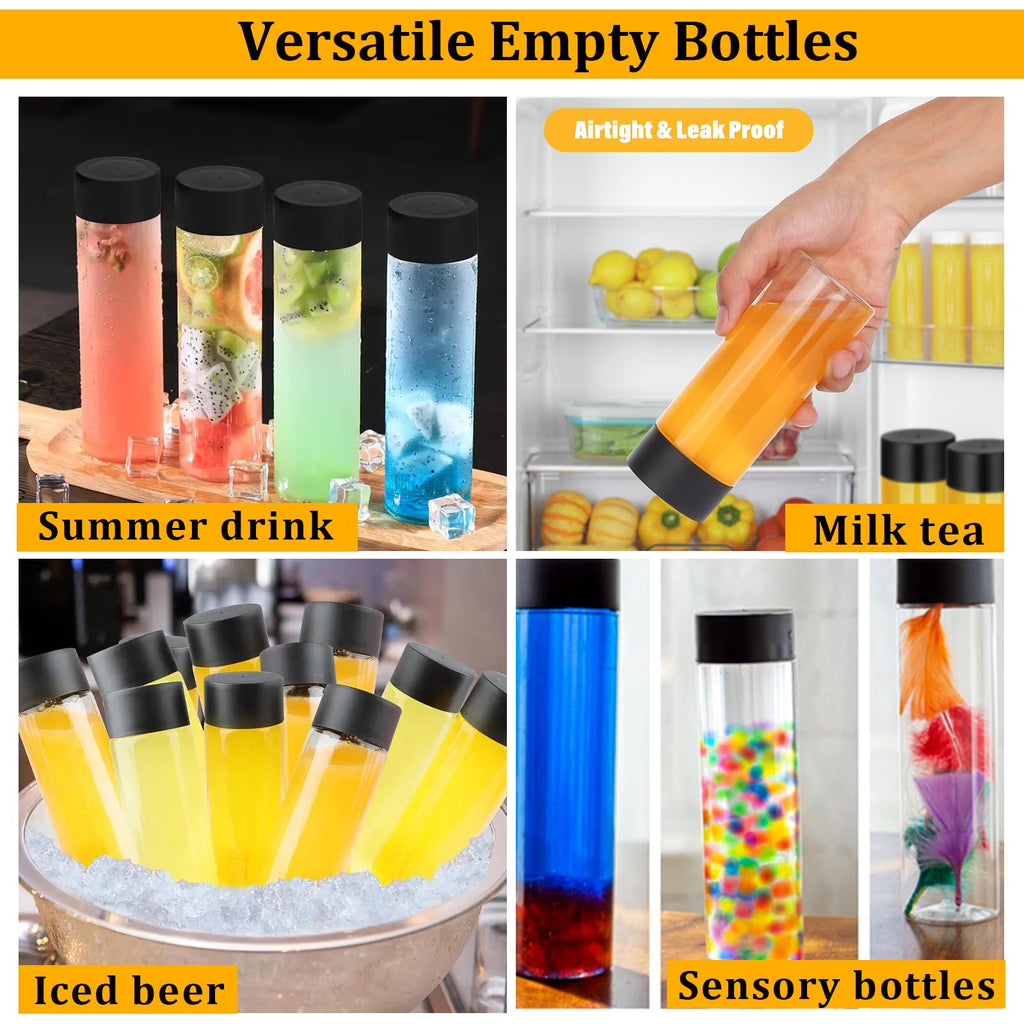 DI QIU REN 16 Pack Clear Plastic Bottles Empty Sensory Bottles with Caps – Reusable Juice Bottles Drink Containers Leakproof Water Bottle for Juice Milk (Black Lids, 13.5 oz / 400 ml)
