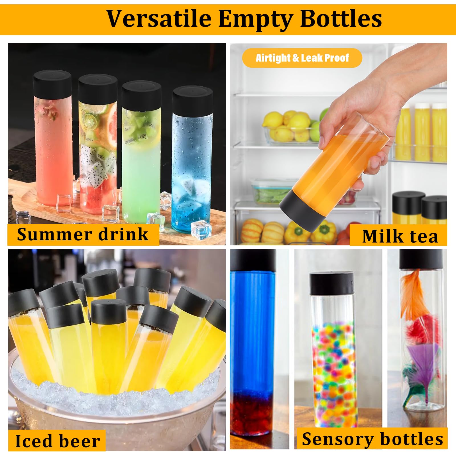 DI QIU REN 16 Pack Clear Plastic Bottles Empty Sensory Bottles with Caps – Reusable Juice Bottles Drink Containers Leakproof Water Bottle for Juice Milk (Black Lids, 13.5 oz / 400 ml)