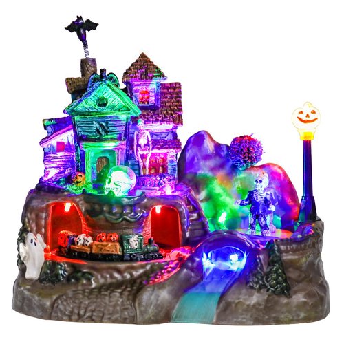 DREAM GARDEN Halloween Village Collection, Lighted Spooky Haunted House with Animated Train and Scary Sound Halloween Collectible Bulidings with Skull, Pumpkin, Ghost for Holiday Party Tabletop Decor
