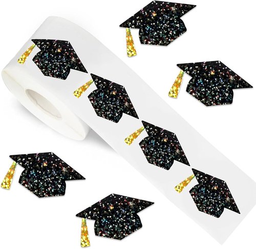 FYSUIMU Graduation Cap Stickers - Holographic Black & Gold Decals for Grad Parties | 500 Pcs, 1.5 in