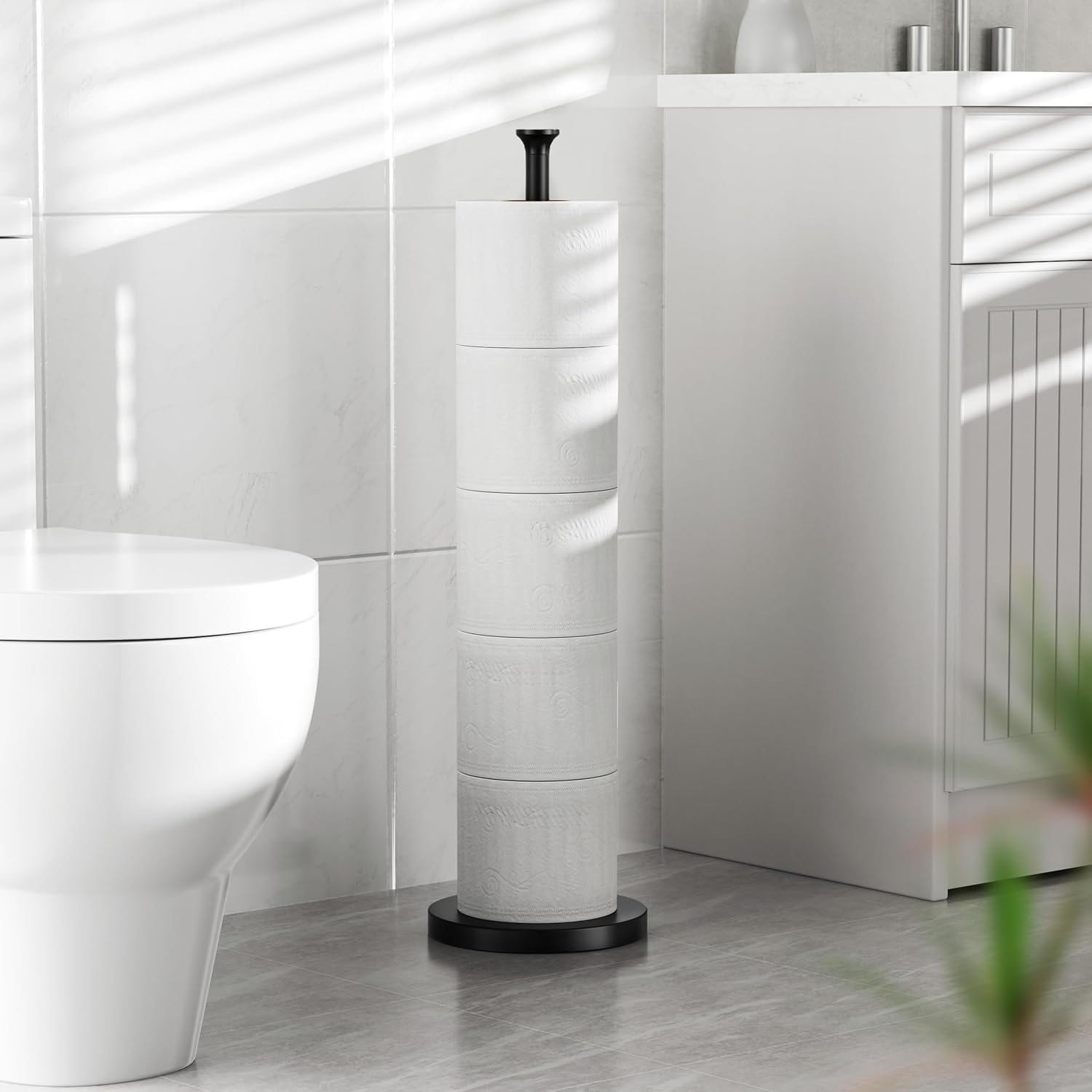 Skiennix Toilet Paper Holder Stand - Modern Free-Standing Spare Roll Storage in Stainless Steel