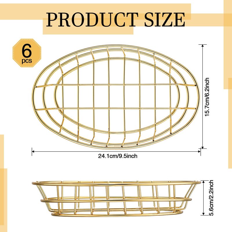Tioncy 6 Pcs Chrome Oval Metal Wire Baskets 9.5 x 6.2 x 2.2 Inch Bread Serving Decorative Sandwich Container Party Fast Food Basket for Fruit Burger Kitchen Restaurant(Gold)