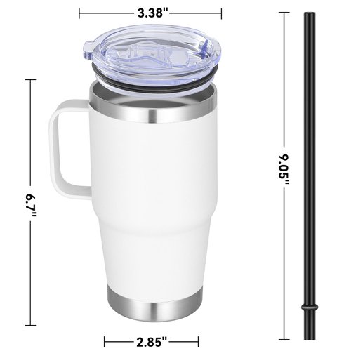 Abbrevi 20 oz Stainless Steel Tumbler with Handle Bulk Metal Insulated Tumblers Travel Coffee Mug with Handle Double Wall Tumbler Cup with Lid and Straw, White 6 Pack