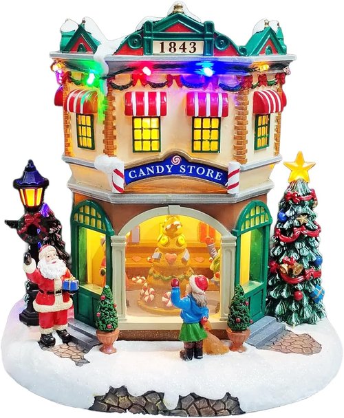 Moments In Time LED Musical Candy Store - 10.3” Light Up Christmas Village Scene | Plays 8 Classic Songs, Battery Operated Holiday Décor Gift