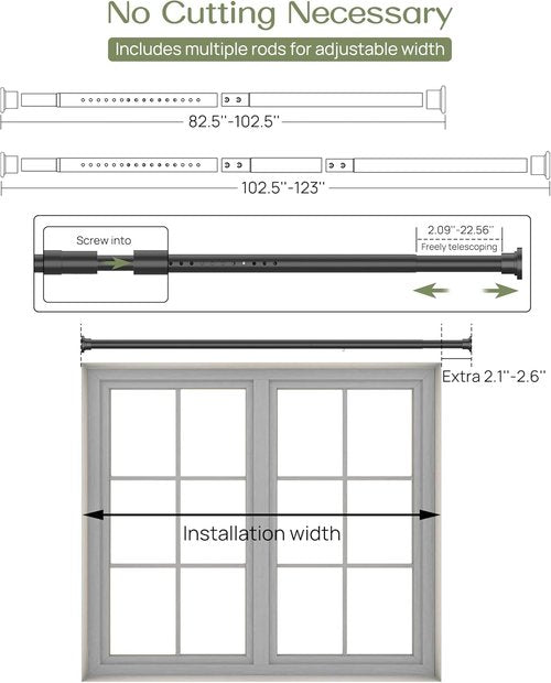 ALLZONE Tension Curtain Rod - Adjustable Heavy Duty No-Drill Design | 83-123 Inches, Black