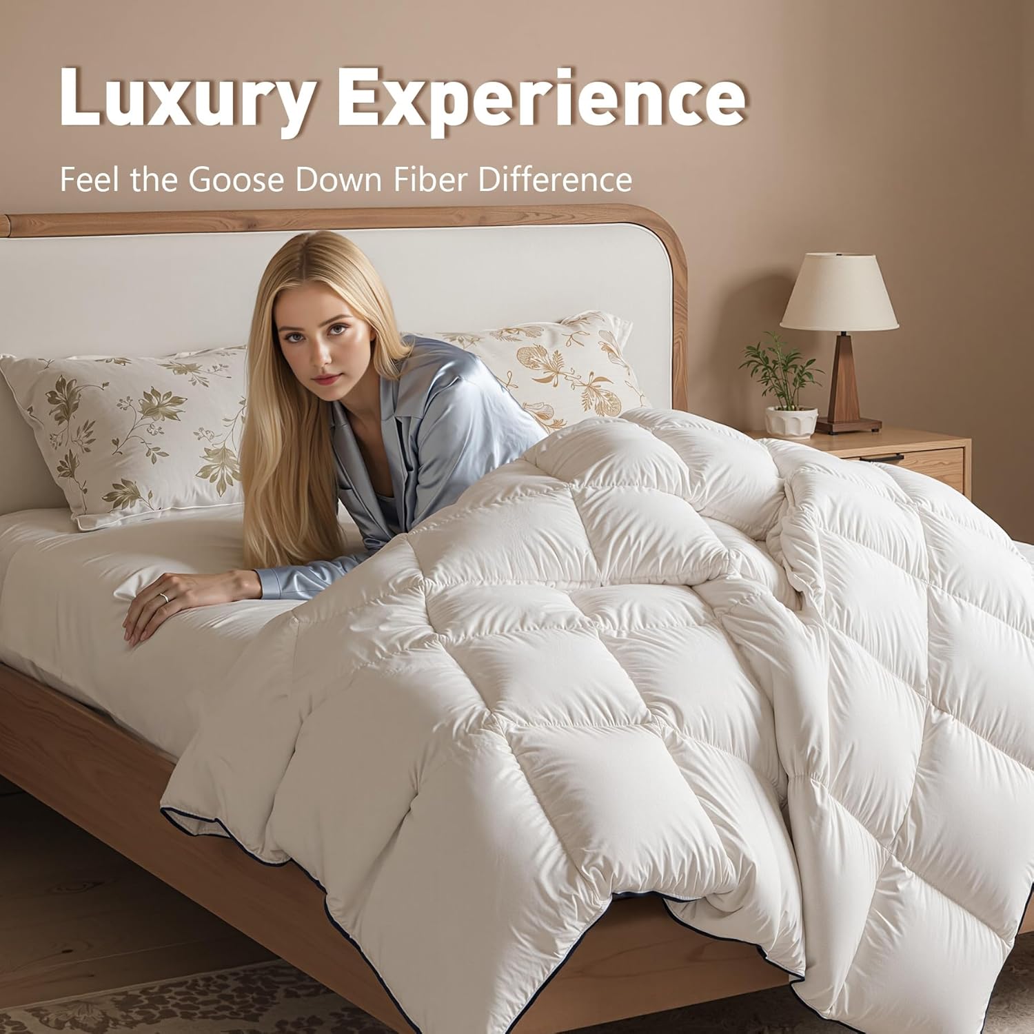 Skiennix Queen Size White Goose Down Fiber Comforter - Super Cozy & Soft Hotel Quilted Duvet Insert | All-Season Fluffy Luxury