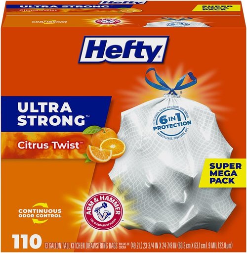 Hefty Ultra Strong 13 Gallon Trash Bags - Drawstring Closure & Odor Control | 110 Count, Citrus Twist Scent