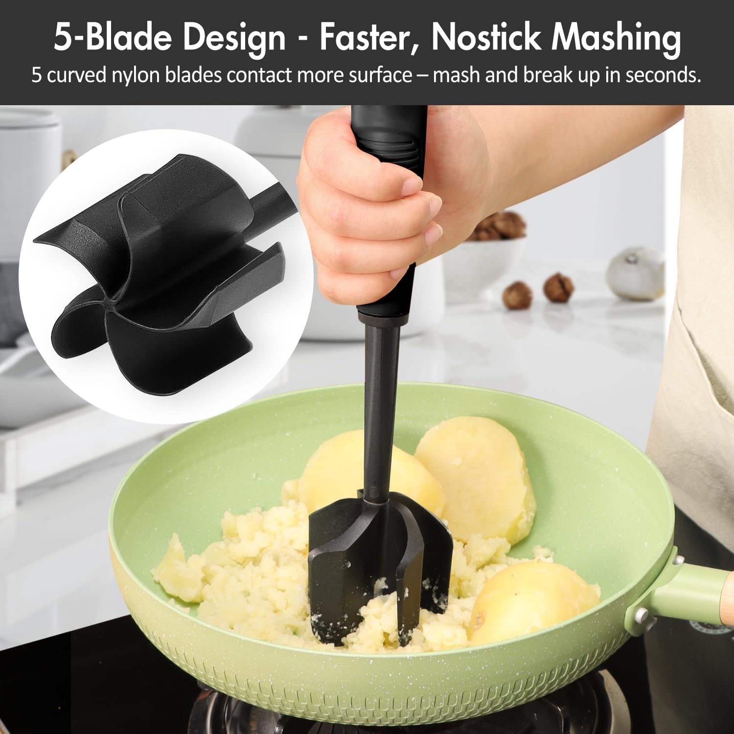 Ourokhome Meat Chopper - Heat Resistant Nylon Potato Masher with 5 Curved Blades | Nonstick Kitchen Tool, Black