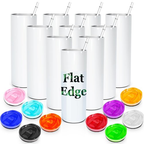 AGH 10pcs 20 oz Sublimation Tumbler Flat Edge Blanks, 20oz Sublimation Tumblers Skinny Straight Cups Bulk with Colorful Lid, Individual Box, Plastic Straw For Coffee Drinks