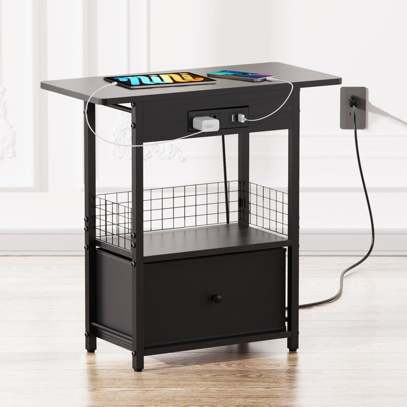 End Table with Charging Station, 25.5” Sofa Side Table with USB Ports and Outlets, Narrow Nightstand with Fabric Drawer, Slim Bedside Table with Storage for Living Room Bedroom Home Entryway, Black