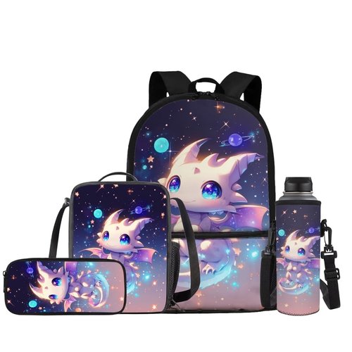 JEOCODY Cool Galaxy Dragon Backpack for Girls Boys Kids School Bag with Lunch Bag Pencil Case and Water Bottle Holder Set of 4 School Daypack Travel Bag Satchel Bagpack