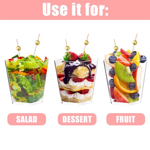 Kosotody 150 Pcs 5 OZ Dessert Cups with Spoons Cocktail Picks, Square Appetizer Cups Clear Mini Mini Party Serving Cups for Party Appetizers Pudding Yogurt Ice Cream Fruit