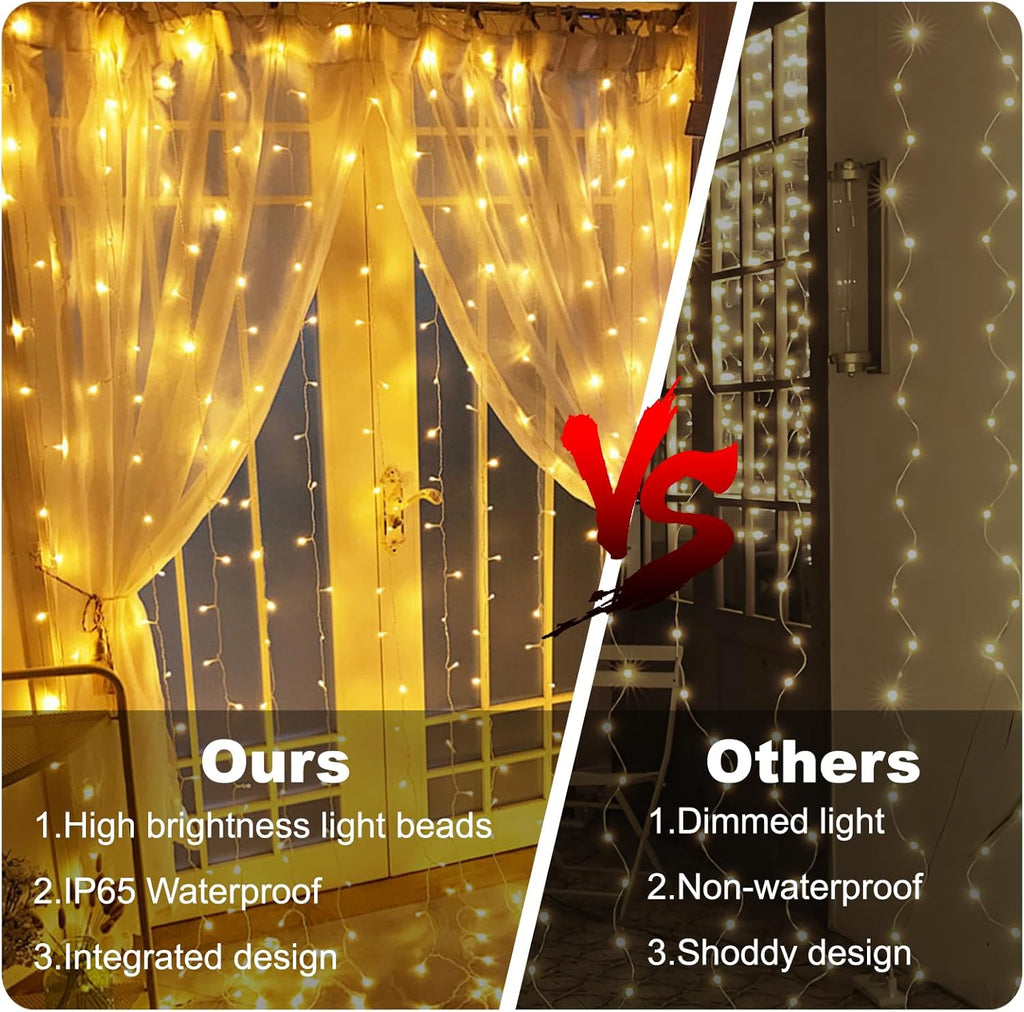 Skiennix 300 LED Curtain Lights - Connectable Fairy Lights with 8 Modes for Indoor/Outdoor Decor | Warm White