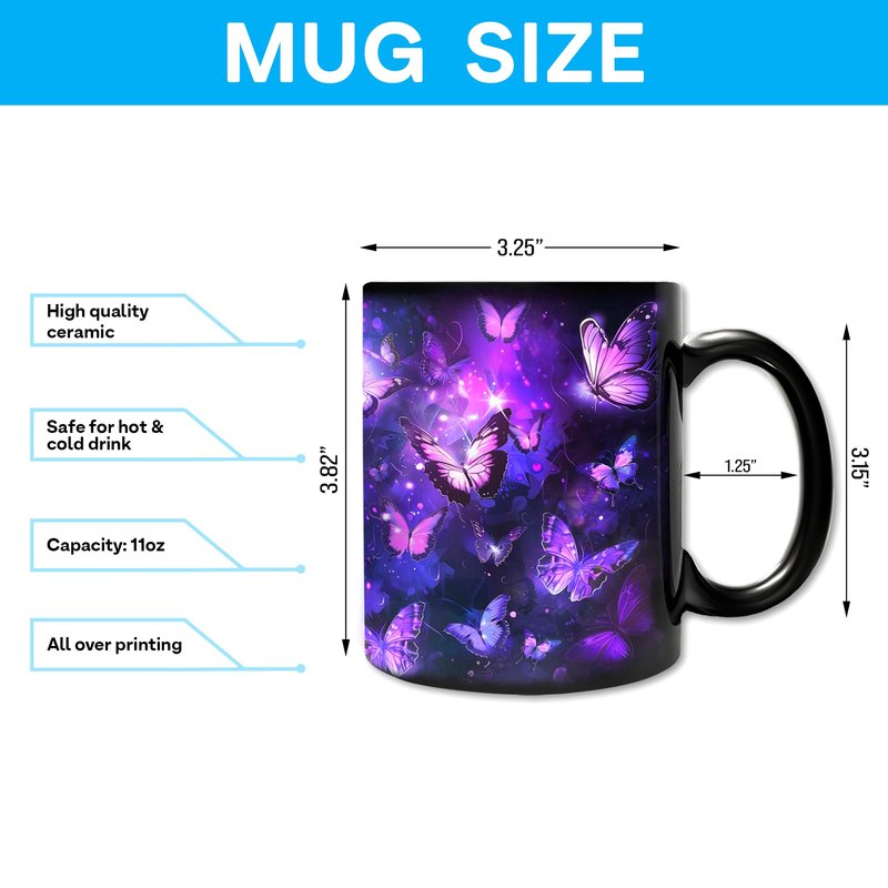 Hyturtle Butterfly Mug Set with Spoon & Keychain Gifts for Women, Mothers Day, Birthday Gifts For Mom, Daughter, Sister, Purple Night Butterflies Mug Set, Unique Gift Ideas 11oz Black Ceramic Tea Cup