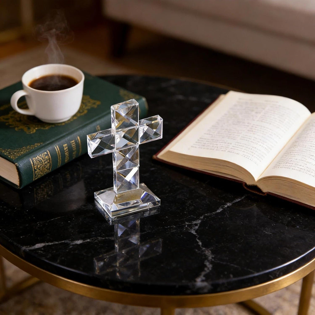QFkris Crystal Standing Cross - 5'' Tall Clear Glass Tabletop Figurine | Christian Decor Gift
