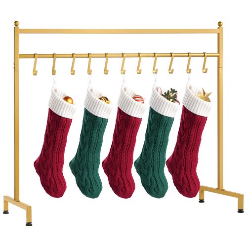 ELYKEN Christmas Stocking Holder, Freestanding Stocking Rack with 12 Removable Hooks, 60 LBS Loading Bearing Stocking Stand, Heavy Duty Metal Tubes with Stable Base and Adjustable Feet, Gold